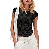 ReachMe Short Sleeve Mesh Top Women Sheer Lace Tops Cap Sleeve See Through Tops Summer Sexy Fitted Slim Fit Shirts