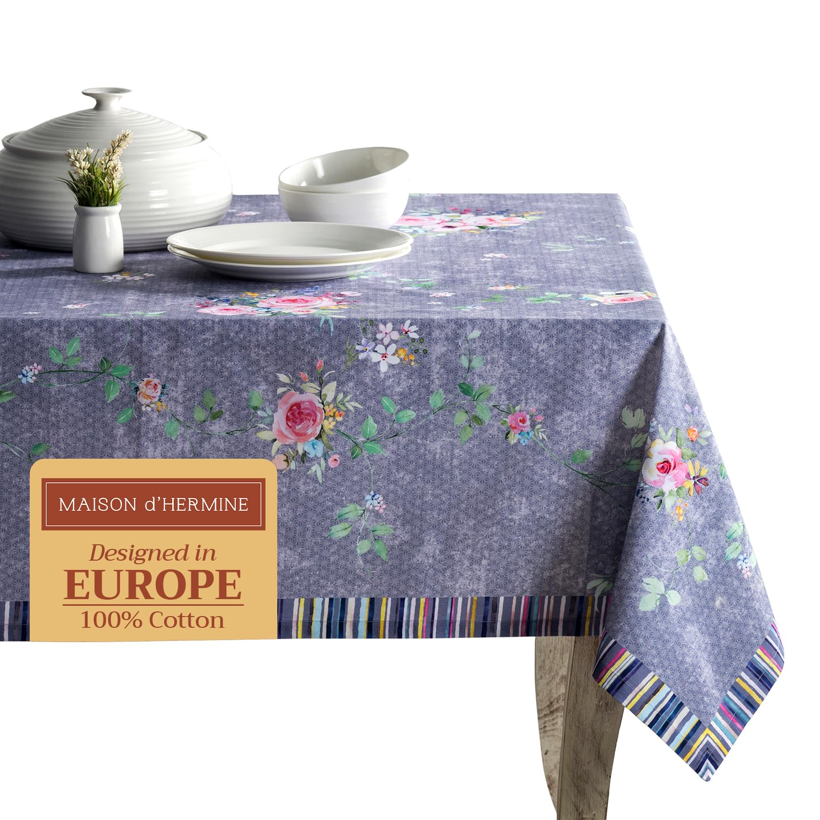 Maison d' Hermine Table Cloth Rectangle Table 100% Cotton 180 cm x 140 cm Tablecloth Reusable Everyday Use for Dining Home Party Festive Gifts for Mothers Day (Sweet Rose Lavender - Country Garden)