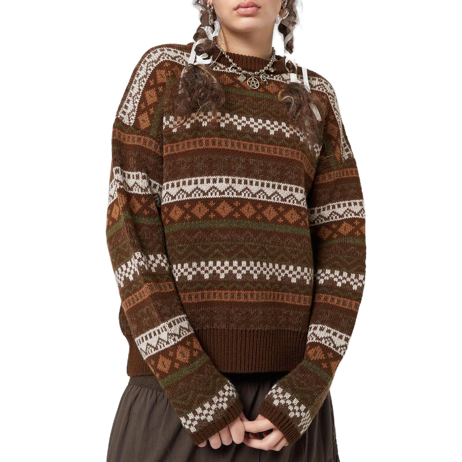 Women Y2K Argyle Striped Pullover Sweater Casual