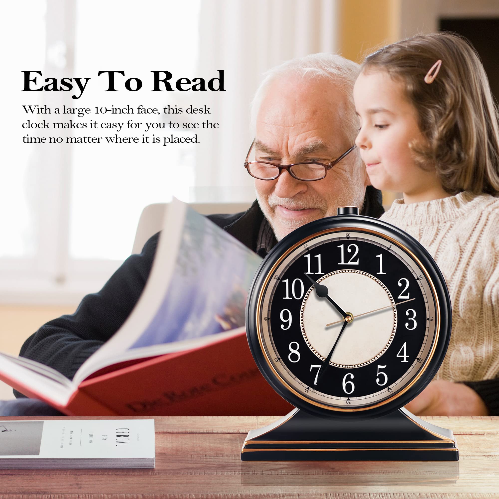 Vintage Desk Clock – Silent-Non-Ticking, 10-Inch Dial,Retro Mantel Clock for Living Room Decor, Bedroom, Shelf, Fireplace & Farmhouse