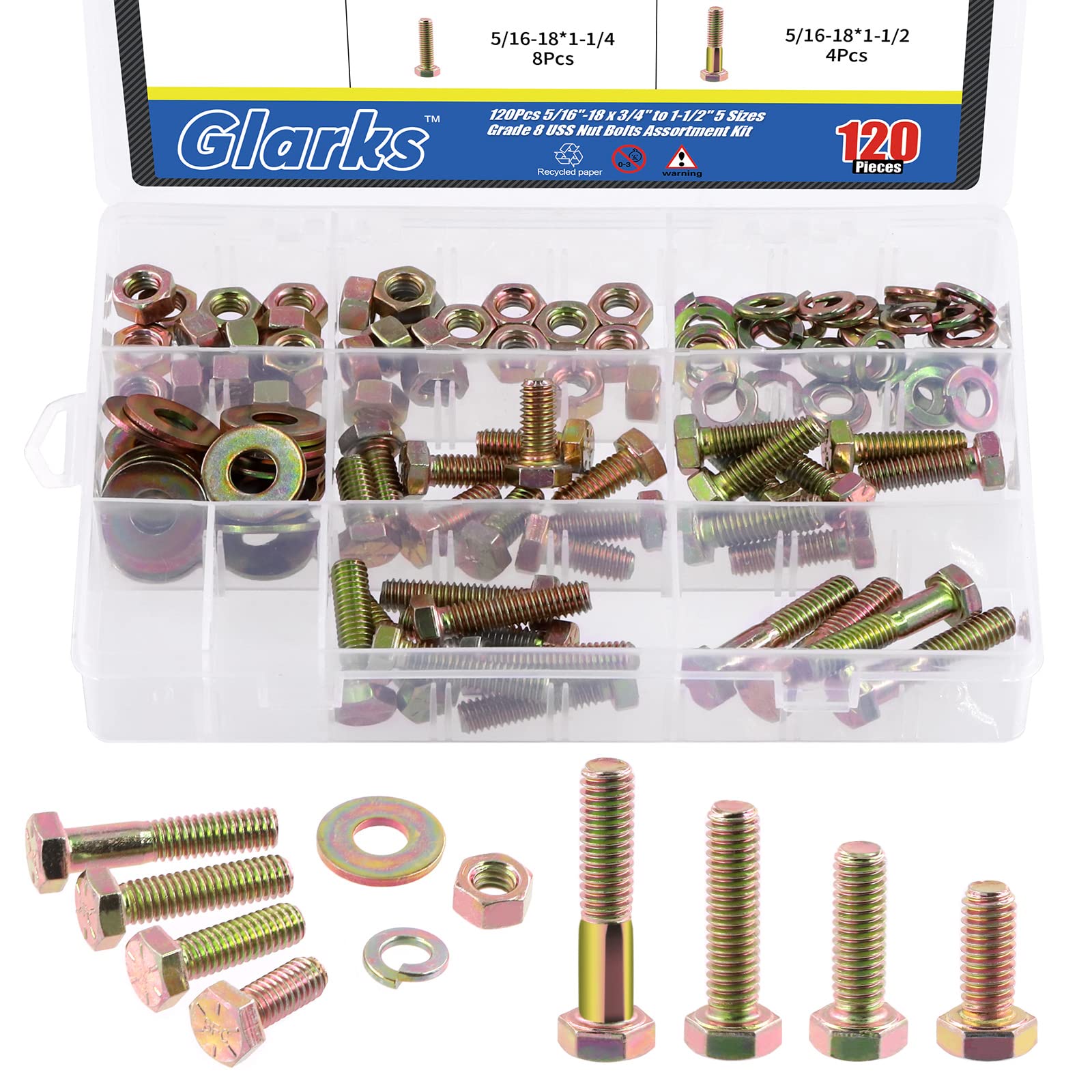 Glarks 120Pcs 5/16"-18 Grade 8 Coarse Thread Hex Bolt and Nut Set With Flat and Lock Washers - 4 Sizes: 3/4", 1", 1-1/4", 1-1/2" Cap Screws Kit