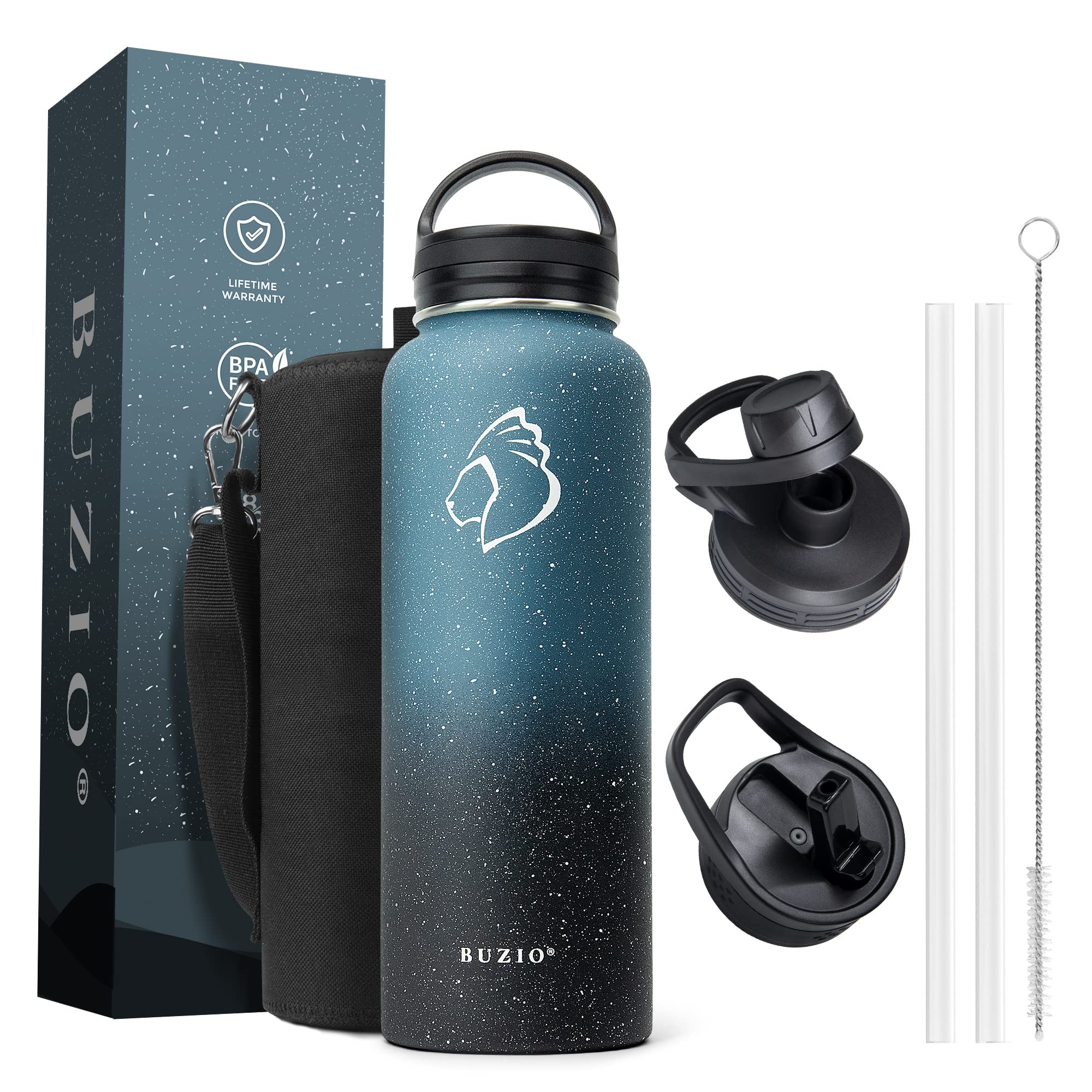BUZIO Insulated Water Bottle 1180 ml, Stainless Steel Water Bottle with Straw Lid Wide Mouth Double Vacuum Water Bottle Keep Hot 24H & Cold 48H Sports Bottles Great for Hiking & Biking, Starry Indigo