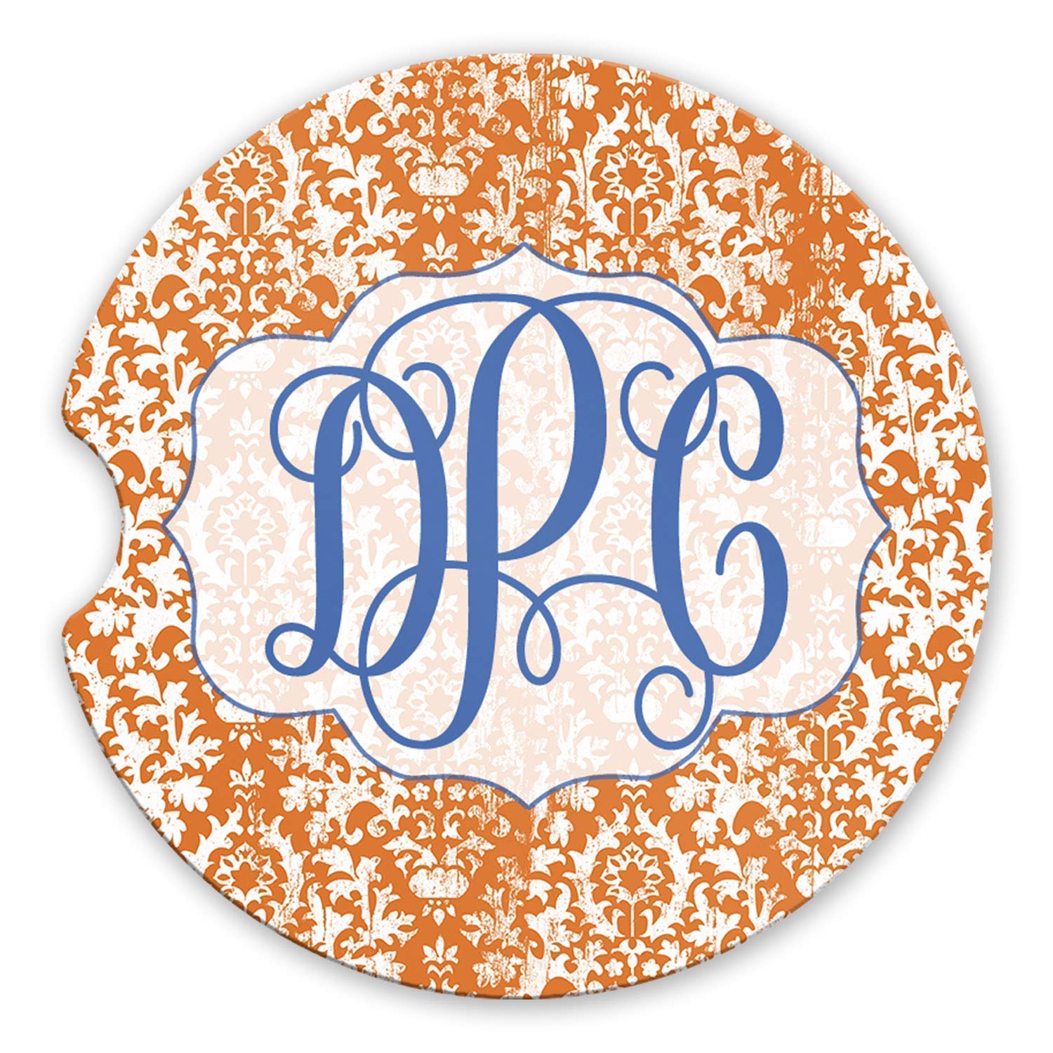 Amazon Com Personalized Monogram Sandstone Car Coaster Vintage Orange Damask Background Blue Letters Set Of 2 Handmade
