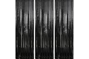 Crosize 3 Pack 3.3 x 9.9 ft Black Foil Fringe Backdrop Streamer Curtains, Birthday Party Decorations, Tinsel Curtain for Parties, Photo Booth Backdrops, Party Decor