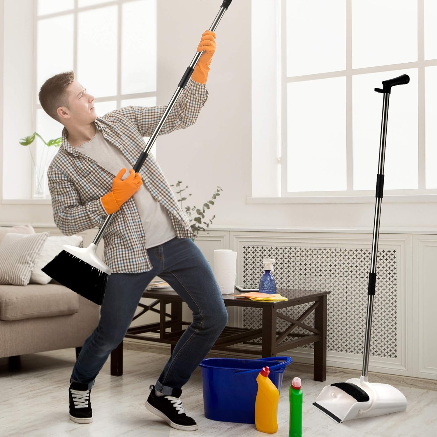Broom and Dustpan Set - Premium Long Handled Broom Dustpan Combo - Upright Standing Lobby Broom and Dust Pan Brush w/ Handle - Great Edge, Lightweight and Robust: Garden & Outdoor
