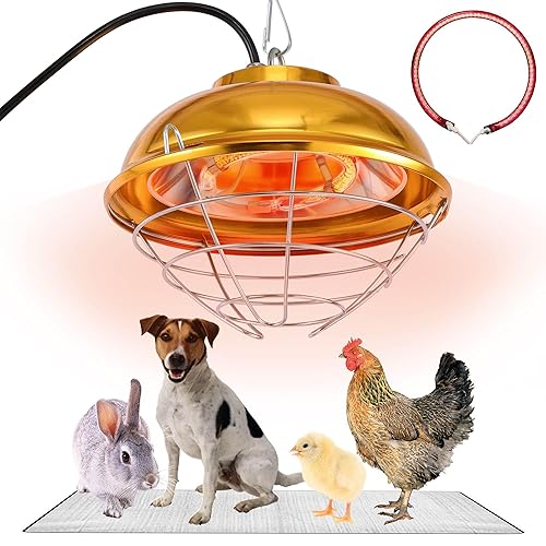 Chicken Coop Heater, 300W Heat Lamp for Chickens, Dual Temperature, Carbon Fiber Heating Coil, with Spare Heating Coil, Aluminum Alloy Shade & 6.6' Hanging Chain, Chicken Heat Lamp for Winter