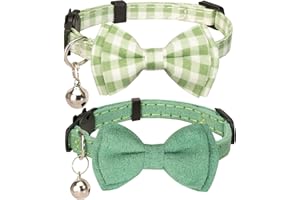 Gyapet Cat Collar with Bell Boy Girl Kitten Bow Tie Safety Breakaway Plaid Solid Color Gift Set Cute Festive [2pcs] Green