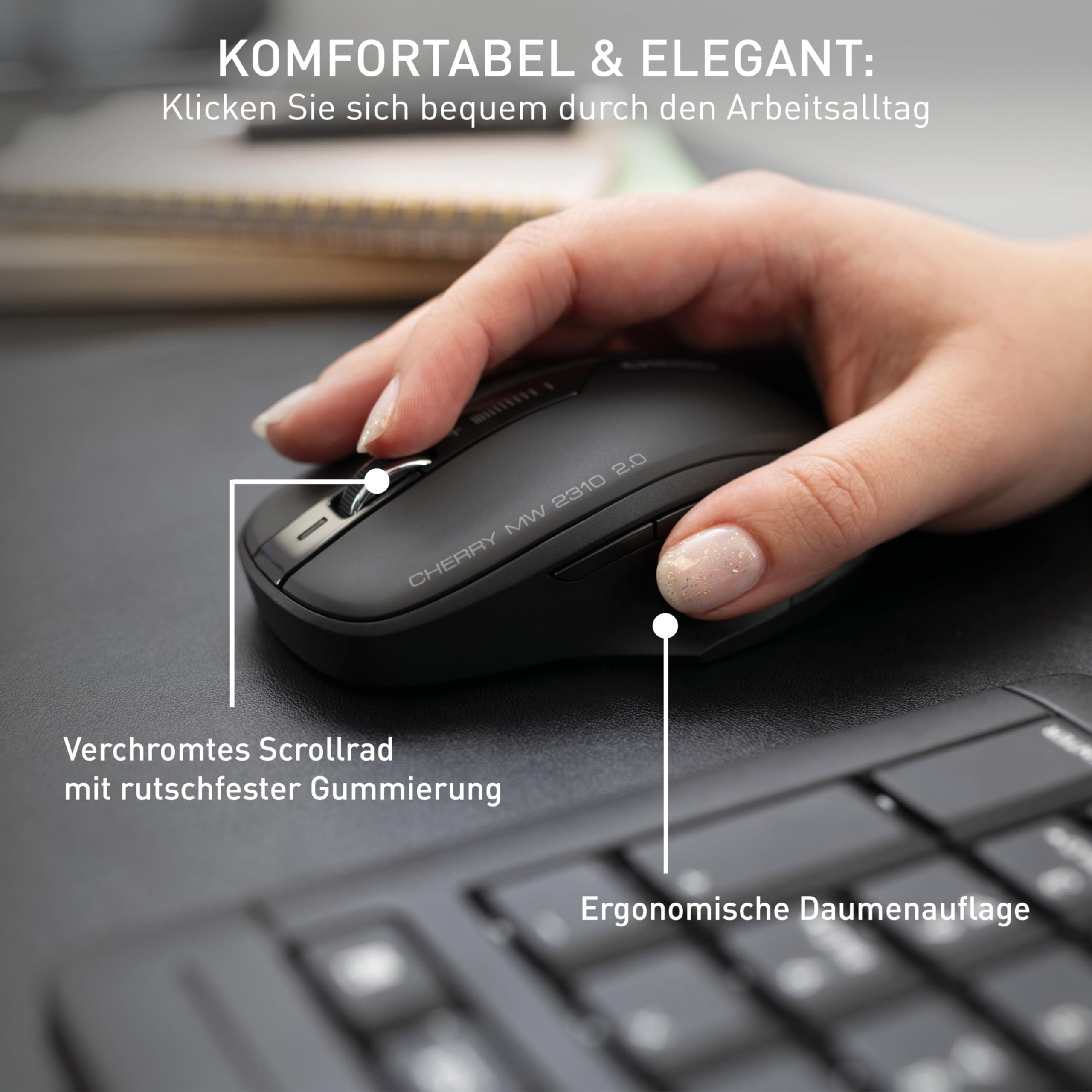 CHERRY MW 2310 2.0, Kabellose 6-Tasten-Maus, 2,4 GHz Funk mit 10 m Reichweite, Optischer Sensor & DPI-Schalter, Nano-USB-Empfänger, Beidhändig Nutzbar, Schwarz 3