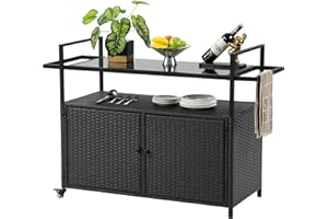 HOMEFUN Outdoor Bar Cart with Storage Cabinet - BBQ Grill Carts with Wheels - Waterproof Wicker Patio Bar Console Table for Kitchen Island Black