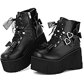 Accloris Black Platform Ankle Boots for Women Goth Rave Shoes Punk Rivet Lace Up Zipper Round Toe Wedge Chunky High Heels Buckle Booties