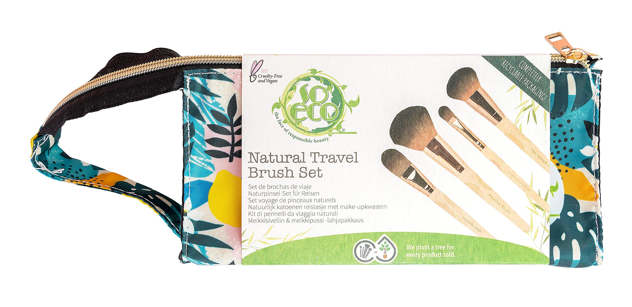 So Eco Natural Travel Makeup Brush Set – Set of 4 Vegan & Cruelty-Free Cosmetic Brushes for Face & Eyes with Travel Pouch, Ideal for Liquid, Cream & Powder Products