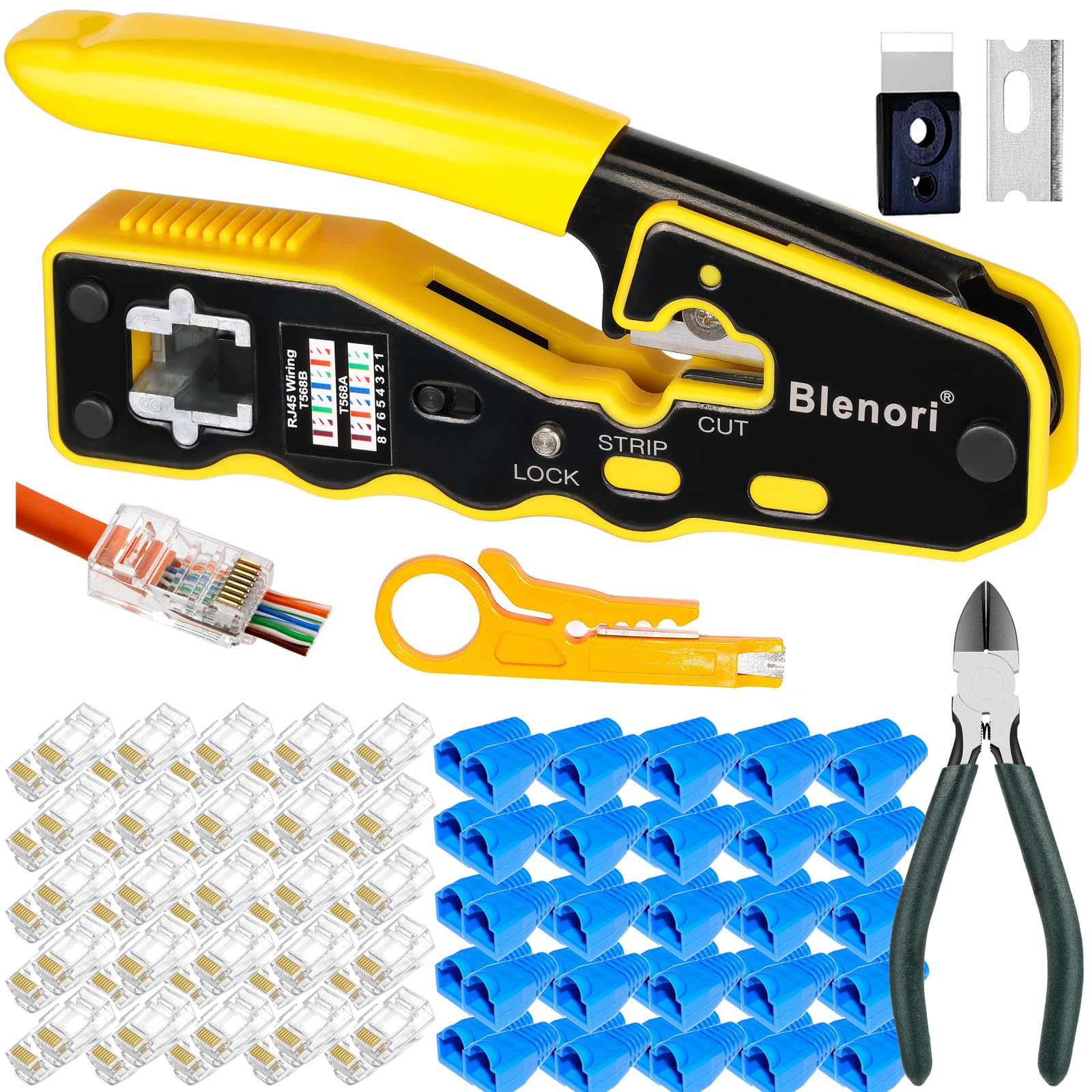 RJ45 Crimp Tool Pass Through - Blenori RJ45 Pass Through Crimp Tool for CAT6 Cat5e Cat5 Wires, Ethernet RJ45 Crimper with 50PCS CAT6 Pass Through Connectors, 50PCS RJ45 Boots — image 1