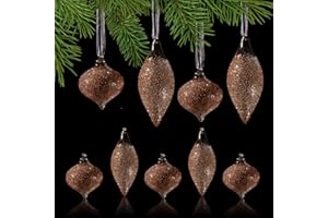 DN DECONATION Glossy Ice Grass Brown Glass Christmas Ornaments, Vintage Ball Ornament Set Hanging Teardrops & Round Lantern Balls Assorted for Xmas Tree Home Party Decor (9Pcs)