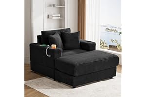 DAMAIFROM Oversized Chaise Lounge Chair Indoor with USB, Cup Holder & Ottoman, Firm Solid Wood Frame with Long Service Life Corduroy Oversized Lounge Reading Chair for Study Room - Black