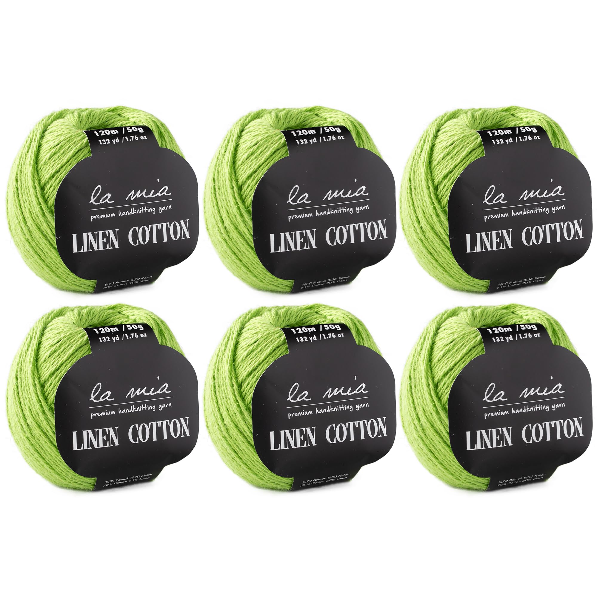6 Ball (Pack) La Mia Linen Cotton, Total 10.58 Oz. 70% Cotton, 30% Linen, Each 1.76 Oz (50g) / 132 Yrds (120 m), 3 Light DK, Light Green - L186