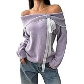 Off The Shoulder Sweater for Women Cute Long Sleeve Sexy Lace Bow Tie Knit Cropped Pullover Sweater