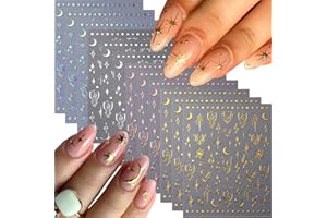 SPLOCUDU 12 Sheets Star Nail Art Stickers 3D Self-Adhesive Nail Decals Silver Aurora Gold Moon Nail Stickers for Nail Art Design Decoration Accessories for Women