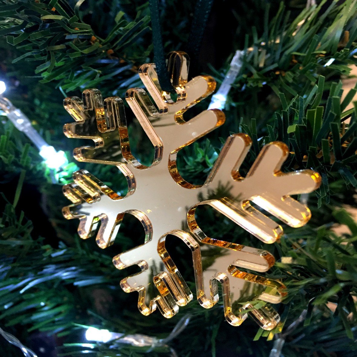 Snowflake Ice Mirrored Gold Christmas Tree Decorations - Pack of 10