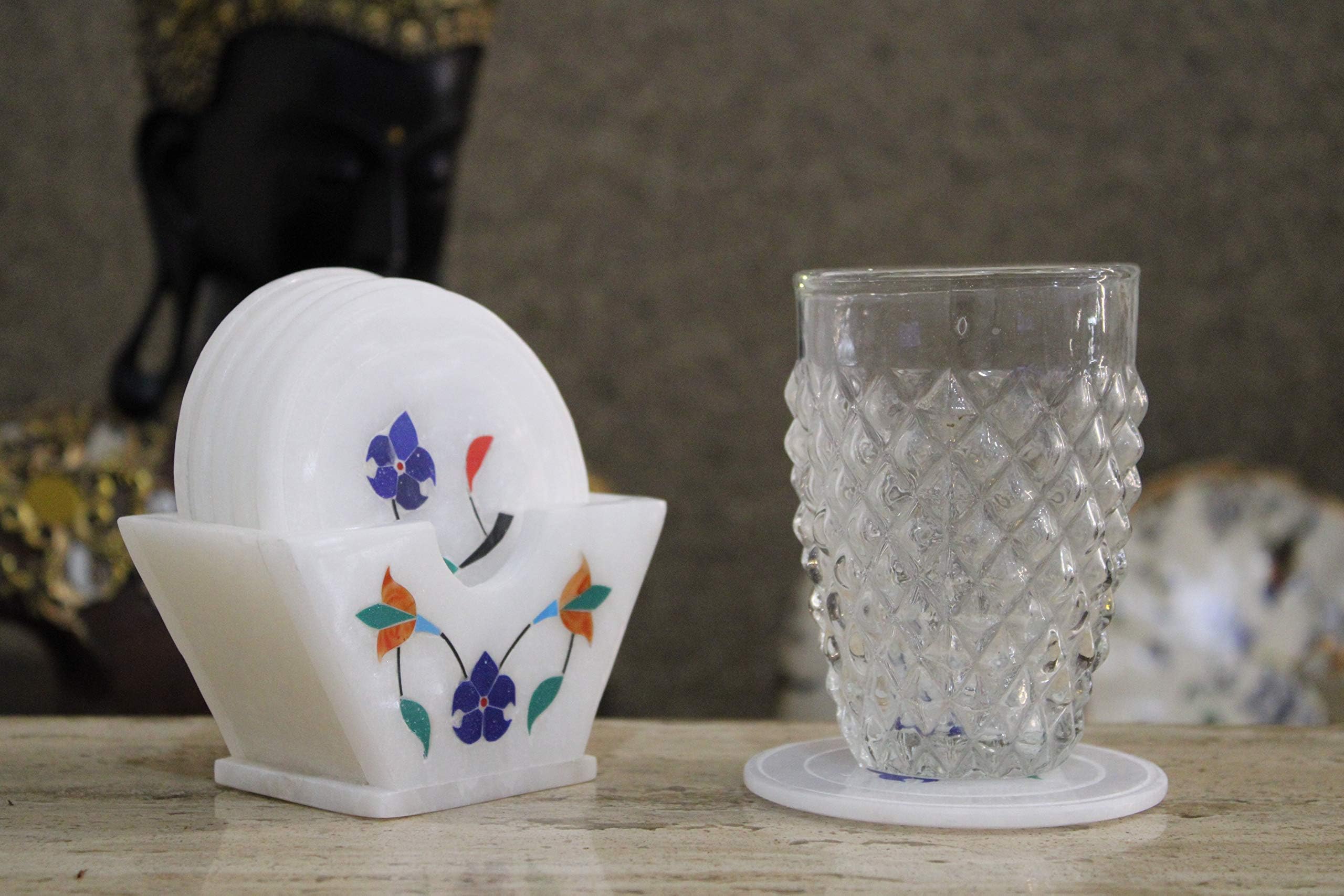 KC Kullicraft Handcrafted Marble Round White Inlay Work Coaster with Holders (Set of 6)