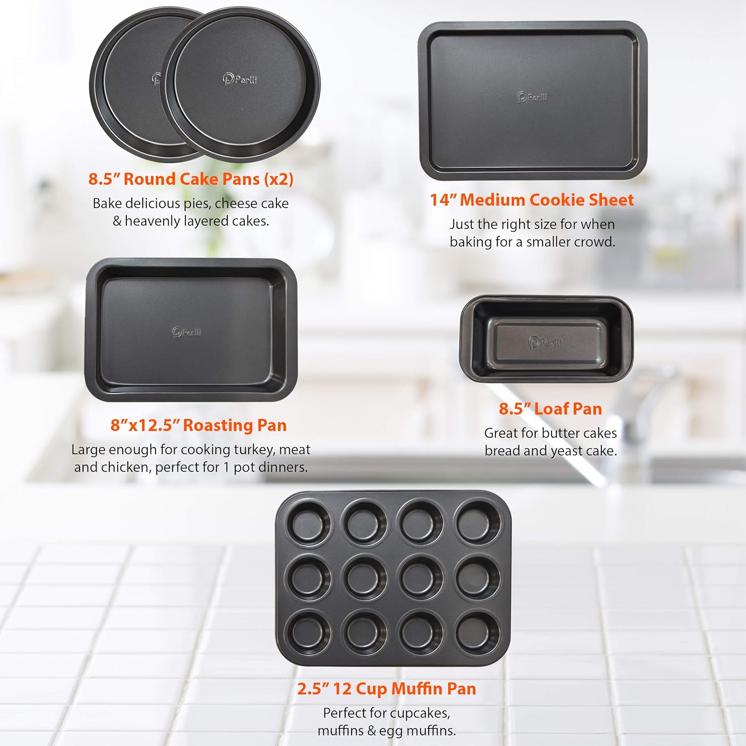 Nonstick Bakeware Baking Set, 6 Pc Dark Gray Baking Pans Set Kitchen Oven Safe Basics PTFE PFOA Free Baking Sheet Set with Loaf Pan, Two Round Cake Pans, Medium Cookie Sheet, Roasting Pan & Muffin Pan: Kitchen & Dining