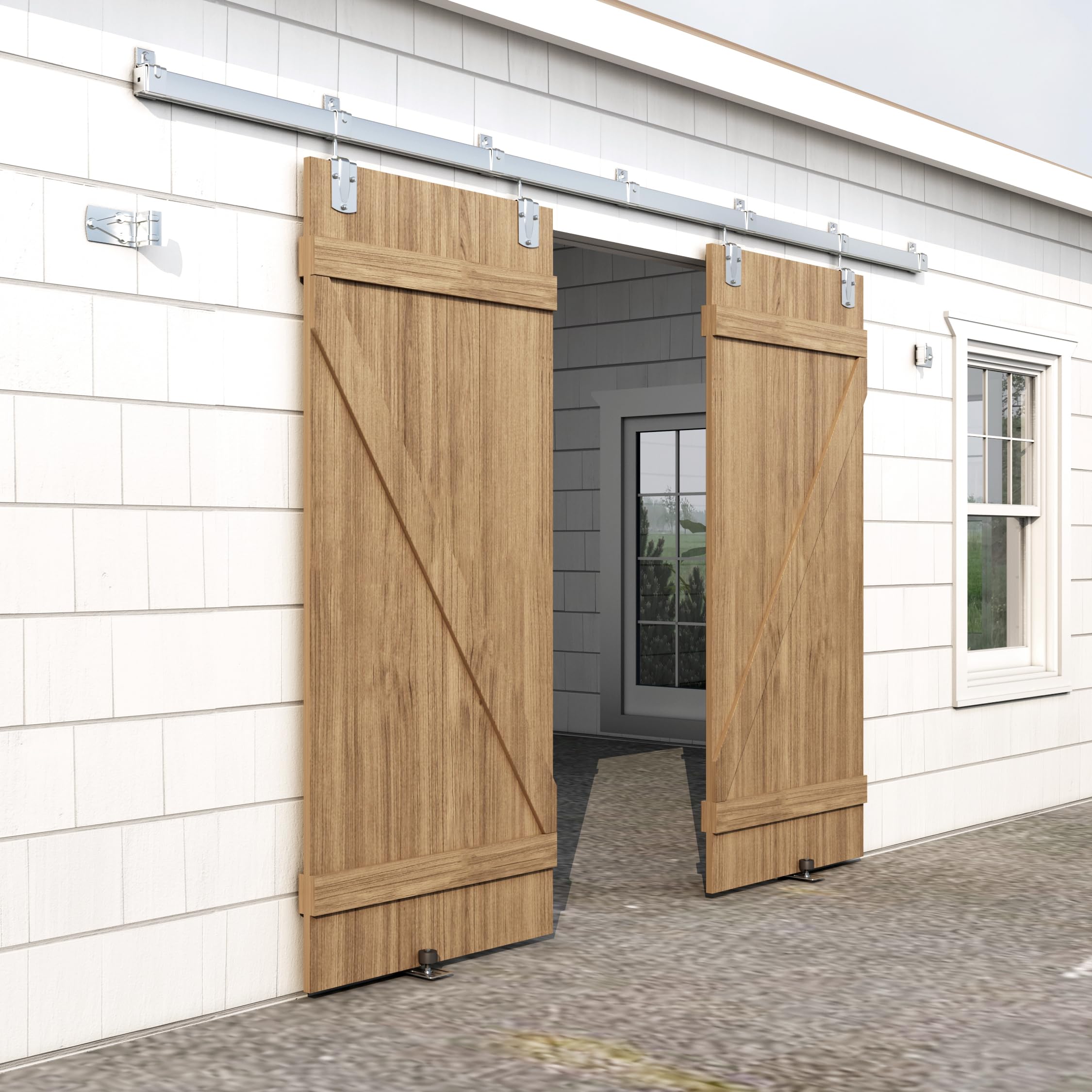 Photo 1 of HARDJULAN 24FT Heavy Duty Galvanized Steel Exterior Sliding Barn Door Hardware Kit, 450 lbs Capacity,Kit for Outdoor,Fit MAX 2 X Door Width 144in