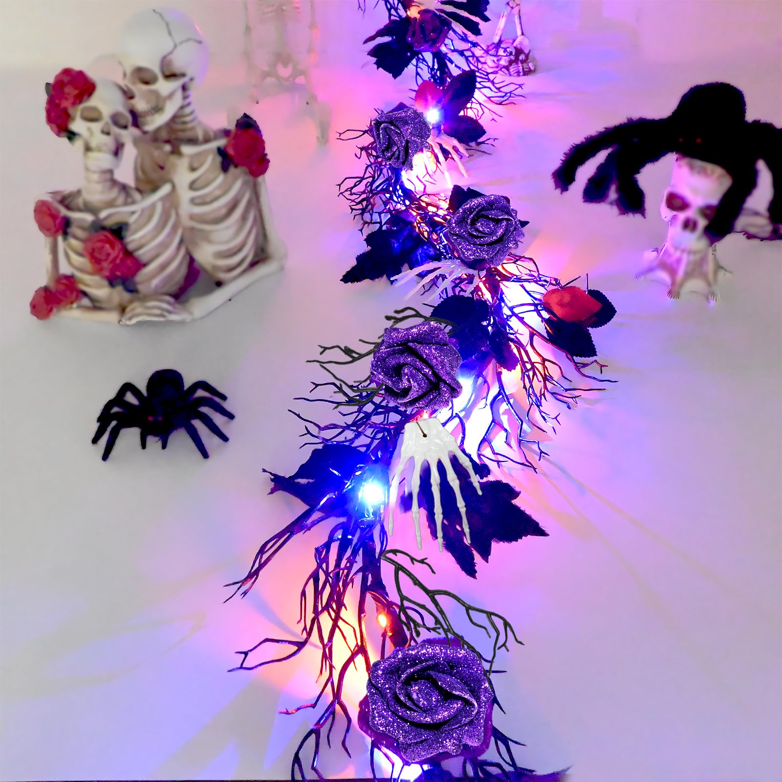 Photo 1 of 6.56FT Halloween Garland with Lights Purple and Blue LED Lights Glitter Purple Rose Black Maple Leaves White Skeleton Hands and Dead Branches Garland Wreaths for Front Door Halloween Indoor Home Decor