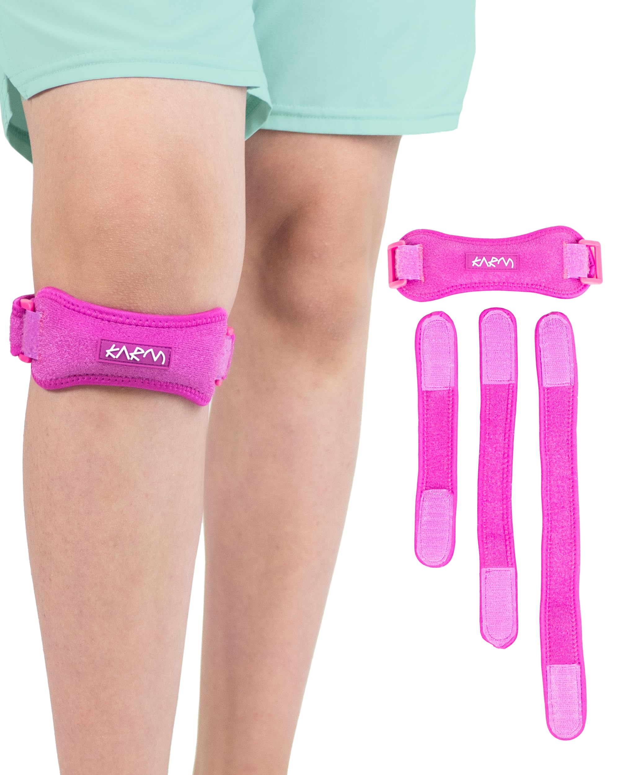 KARM Kids Knee Support Strap - Childs Knee Support Brace for Girls & Boys - Junior Teenager Patella Knee Strap Band (1pc, Pink)