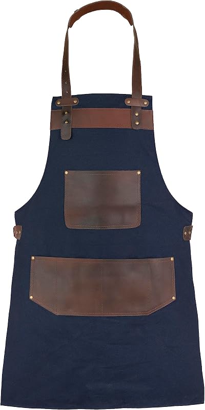 Leathershire Full Grain Leather Canvas Apron Blue for BBQ Cooking Blacksmith