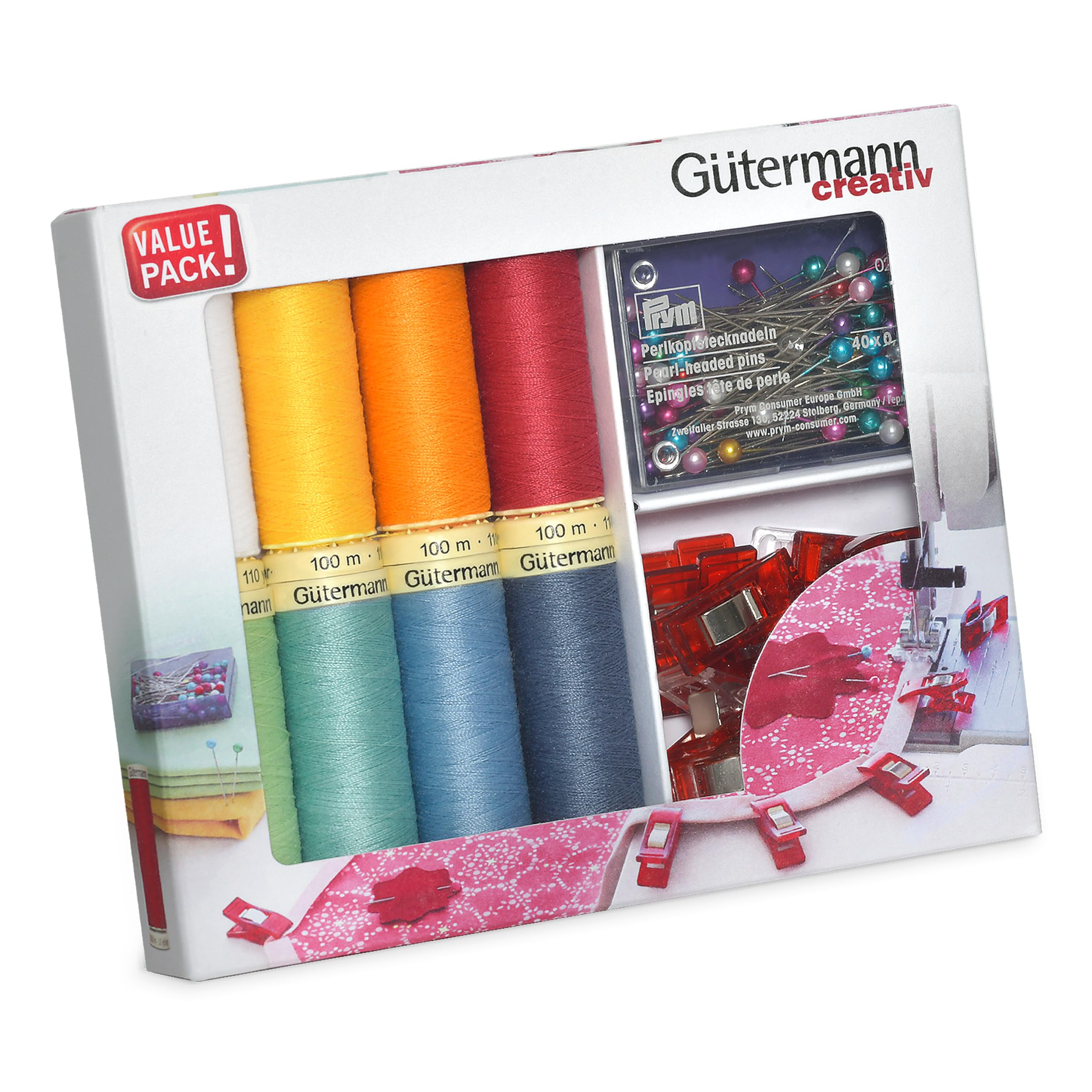 734568 Gutermann Sew-All Assorted Sewing Thread Set 100mtr x 10 reels Plus Fabric Clips and Pins