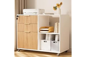 INNOD 3 Drawer Fluted Mobile Wooden File Cabinet with Lock, Printer Stand with Open Shelves, Rolling Wood Lateral Filing Cabinet for Living Room Bedroom Home Office