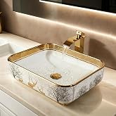 OUBONI 24x 16" Rectanglar Bathroom Sink White Vessel Sink with Gold Rim | Ceramic Vessel Sink with Faucet and Drain Combo,Rectangle Bathroom Sink Above Counter, Vanity Sink for Bathroom