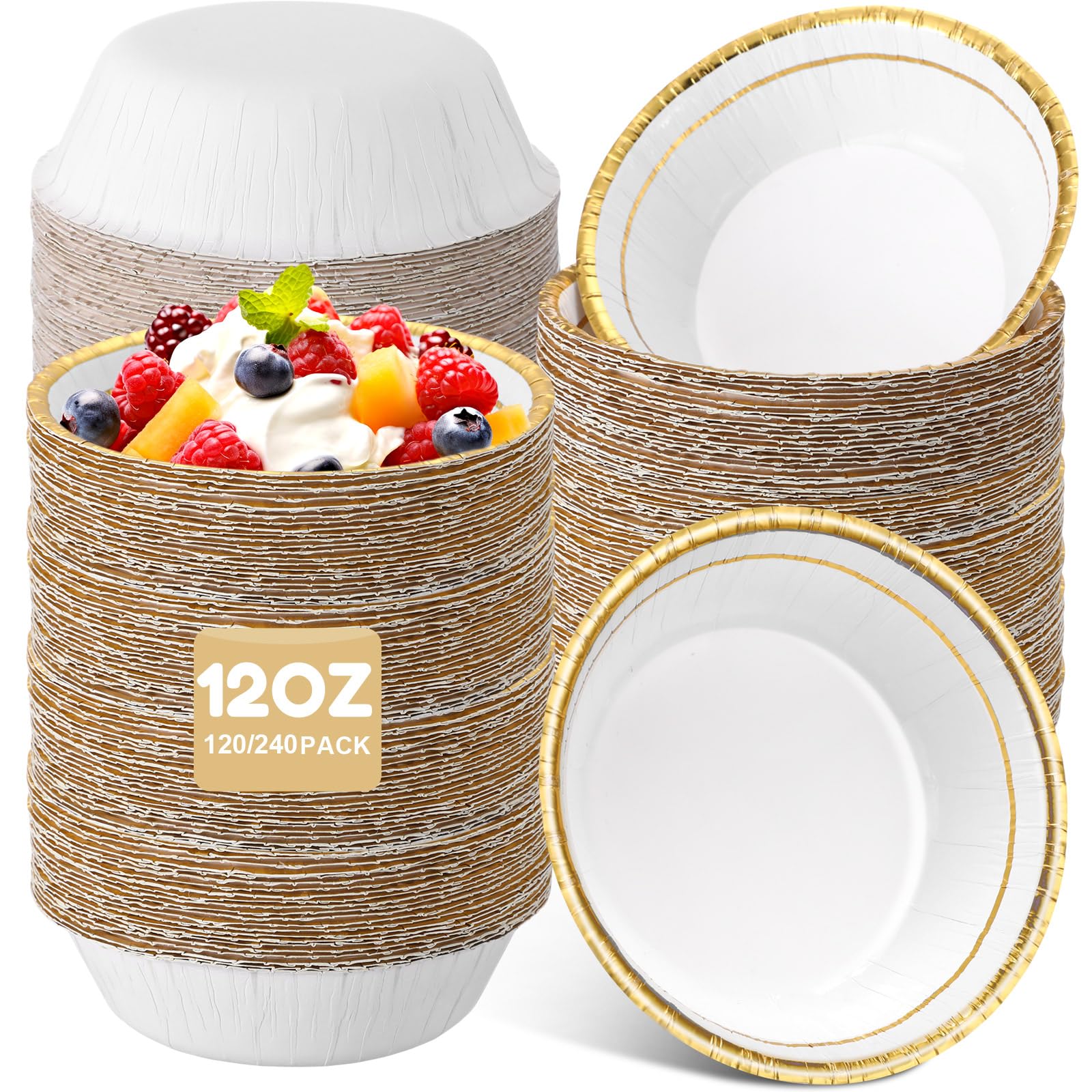 Photo 1 of (incomplete) Newtay 120 Pcs 12 oz Disposable Paper Bowls with Gold Rim, Paper Bowls Bulk for Snacks Dessert Soak Proof