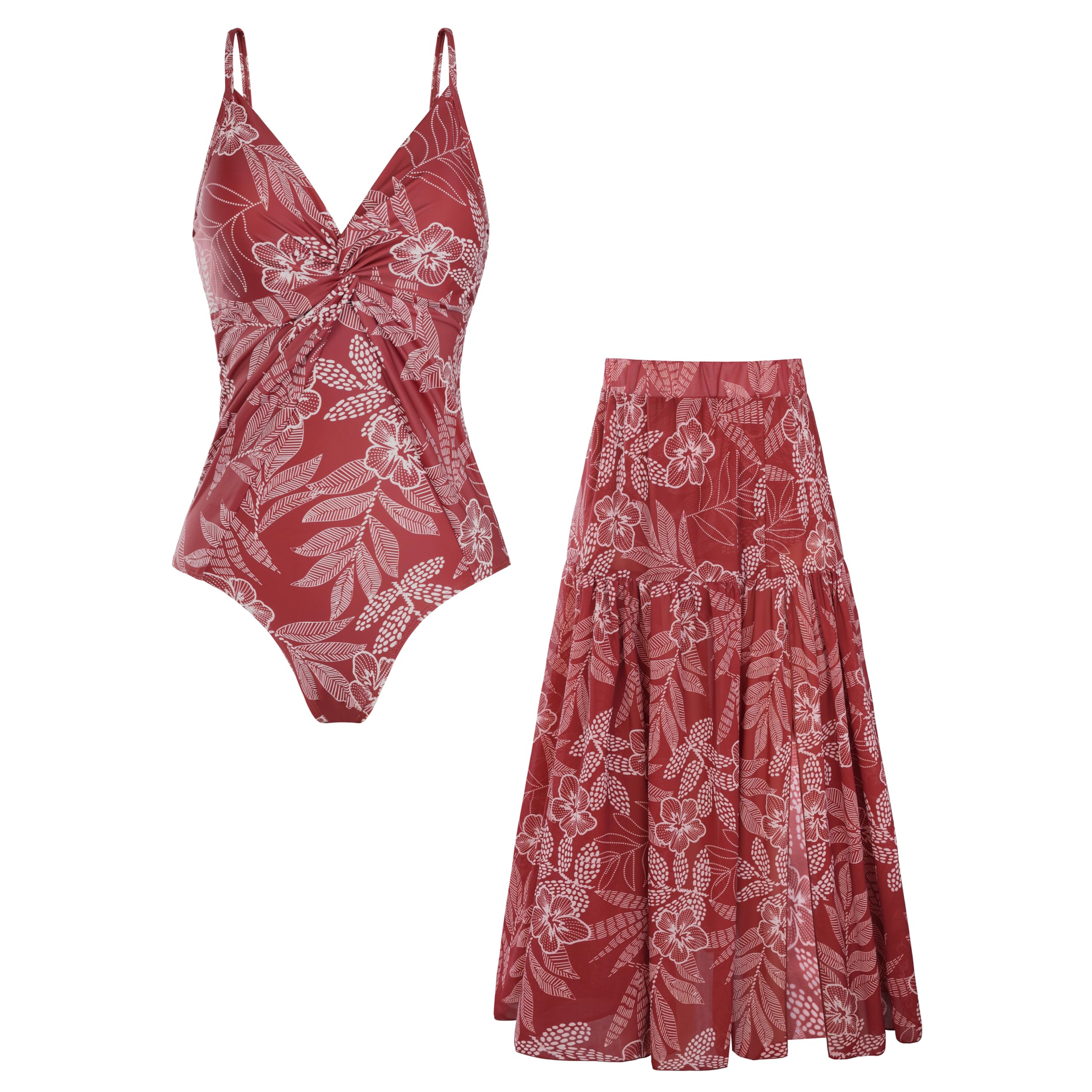 Photo 1 of GRACE KARIN Women's One Piece Swimsuits with Cover Up Skirt Tummy Control V Neck Bathing Suits Red White Floral X-Large
