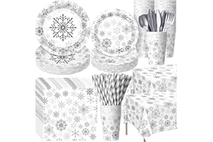 Funnymoom 452 Pcs Christmas Snowflake Party Supplies, Winter Sliver Snowflake Paper Plates and Napkins Cups Tablecloth Cutlery Straws for 50 Guests Winter Xmas Wonderland Birthday Party Decoration