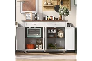Merax 53.5" Farmhouse Kitchen Island with Power Outlet, Kitchen Storage Island with Drop Leaf, Spice Rack and Drawer, Rolling