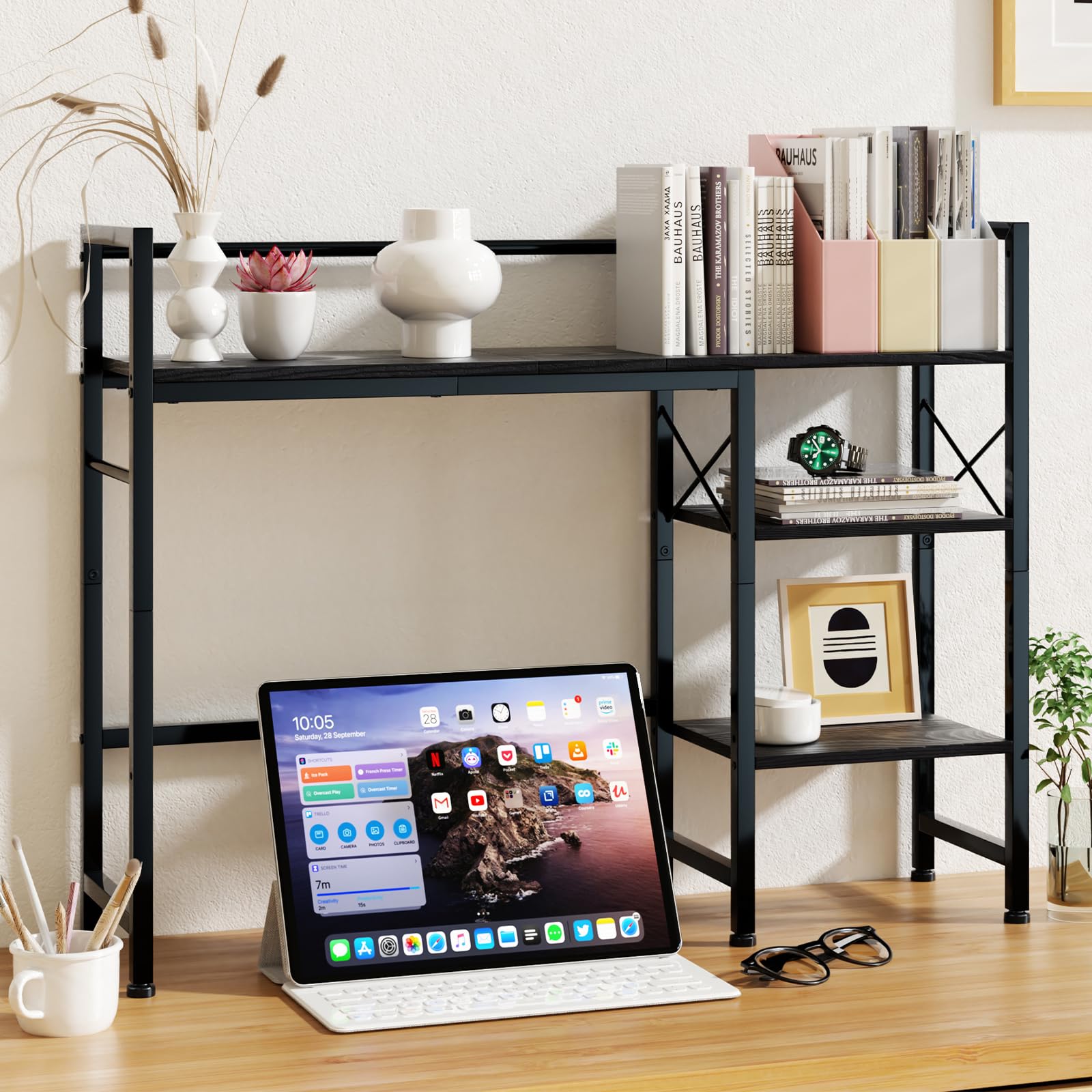 Photo 1 of Gannyfer Desk Shelf - 38.5" Freestanding Desk Organizer, Desk Hutch for Computer Monitor, Wood Desktop Bookshelf Storage Rack, Large 3 Tier Desktop Bookshelf for Home Office Decor, Black