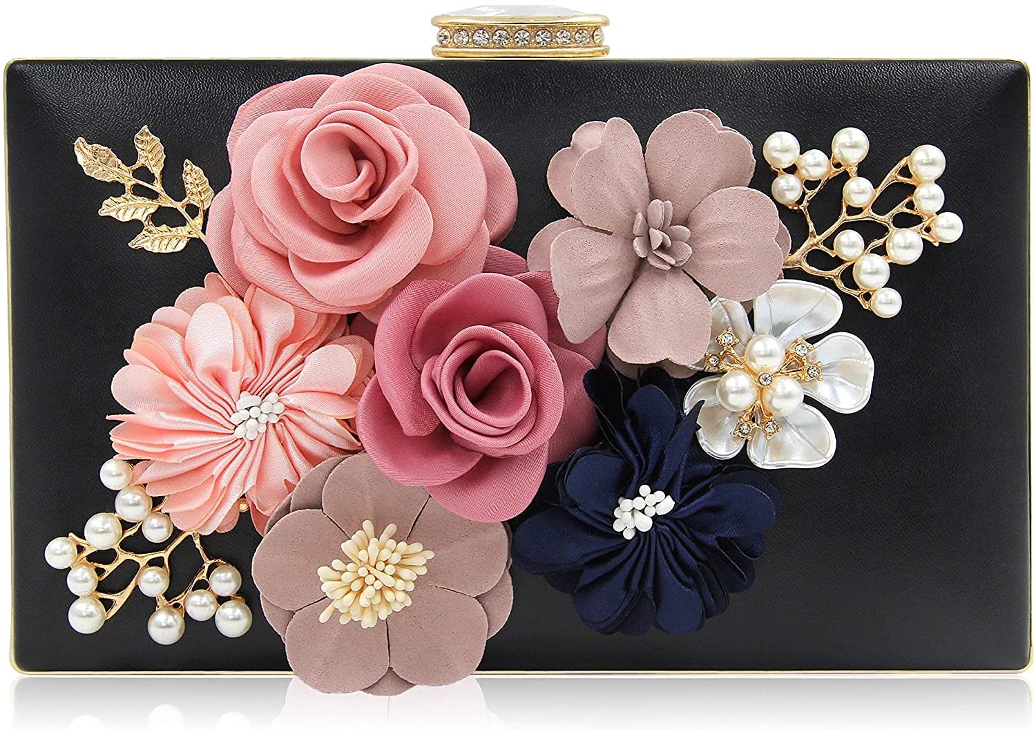 Milisente Women Clutches Bag Flower Satin Evening Bags Wedding Handbag (Black)