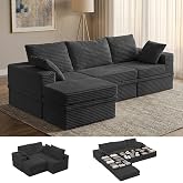 NABUMI Boneless Couch with Storage,107'' L-Shaped Modular Sectional Sofa | Cloud Couches for Living Room &amp; RV | With Movable Ottoman | High Density Foam &amp; Corduroy | Tool-Free Assembly | Dark Gray