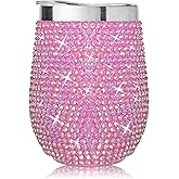 Glitter Bling Diamond Rhinestone Wine Tumbler, Stainless Steel Insulated Cup with Lid, Birthday, Holiday, Bridal Party, Bachelorette, Girls Night, Wine Tasting, Gift (Pink).
