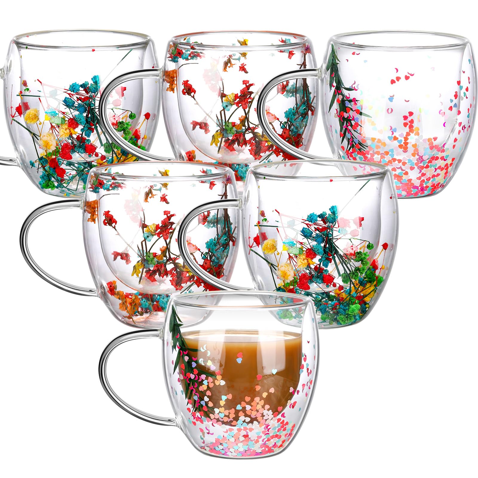 Photo 1 of Tiangrid 6 Pcs Flower Double Wall Coffee Mugs 8.5 oz Clear Decorative Coffee Glass Cup Insulated Heat Resistant Mug with Handle for Hot Cold Espresso Beverages Juice Birthday Mother's Day Gifts
