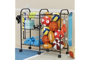 Ball Storage Rack, Sports Ball Storage Cart with 6 Wheels, Elastic Strap, Removable Basket, Hooks, Sports Equipment Organizer