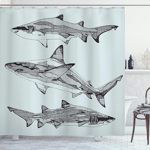 Amazon Com Ambesonne Animal Shower Curtain Sealife Big Dangerous Fish Shark Jaws Tails Sketchy Monochrome Cloth Fabric Bathroom Decor Set With Hooks 70 Long Charcoal Grey Home Kitchen
