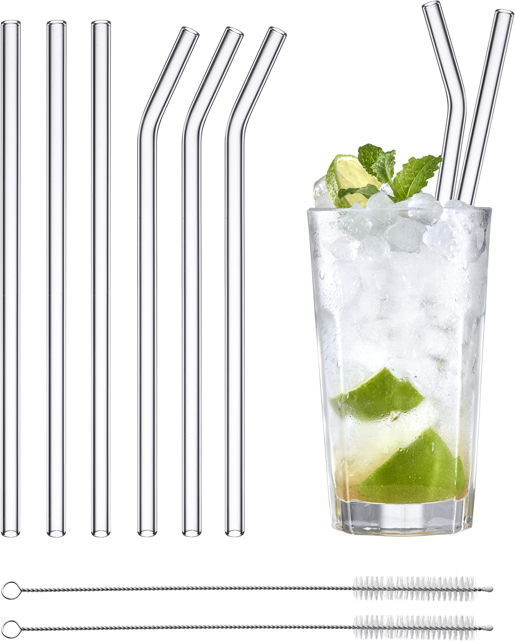 Handmade Reusable Glass Straws Set of 6 - Bend and Straight + 2 Cleaning Brush 8 inch Length (1 Set Glasstraws)
