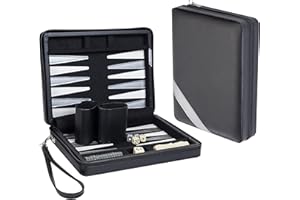 WE Games Backgammon Set, Board Games for Adults - Travel Games - Black with Gray Stripe Magnetic Leatherette Backgammon Board and Carrying Strap - Travel Backgammon Sets for Adults