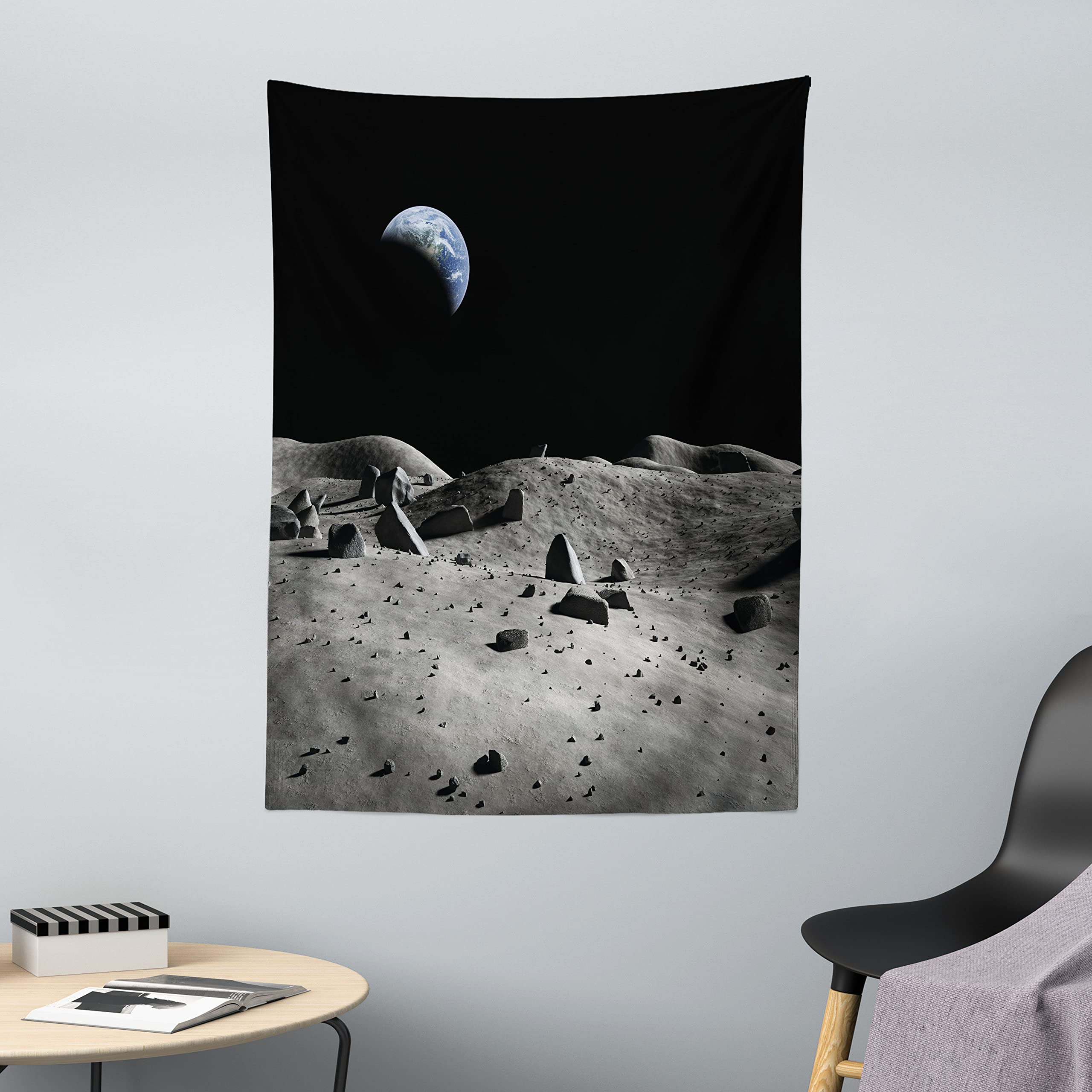 ABAKUHAUS Moon Tapestry, Earth Seen From the Moon Space Debris Vast Universe Day and Night Cycle Photography, Fabric Wall Hanging Decor for Bedroom Living Room Dorm, 43 W X 58 L, Black Grey