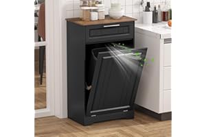JMHDYG Single 10 Gallon Tilt Out Trash Can Cabinet with Deodorizing Function, Wooden Hidden Garbage Can Holder with Storage Drawers for Kitchen and Dining Room, Laundry Hamper Cabinet for Bathroom, Black
