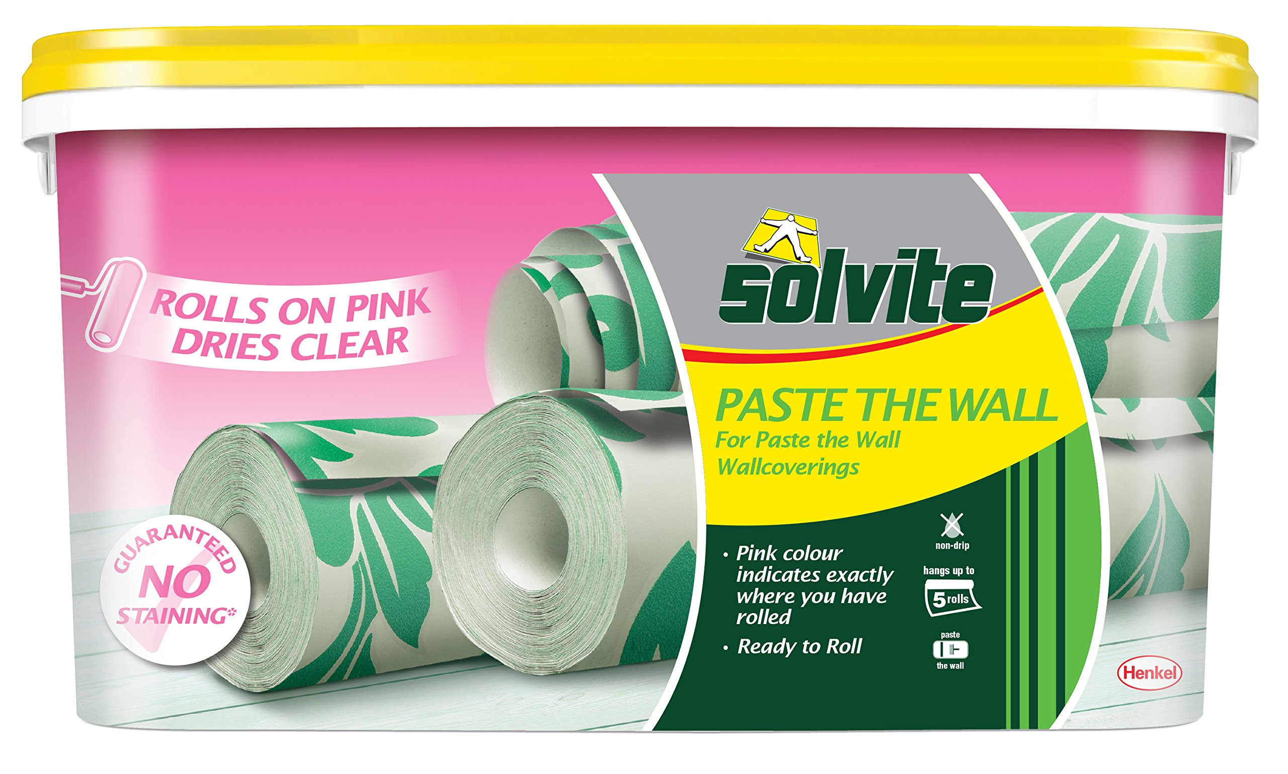 Solvite Paste the Wall, Ready to Roll, Wallcoverings Adhesive, Extra Strong, Non-drip Formula, Hangs up to 5 Rolls, Rolls on Pink, Dries Clear, Guaranteed No Staining, 4.5kg