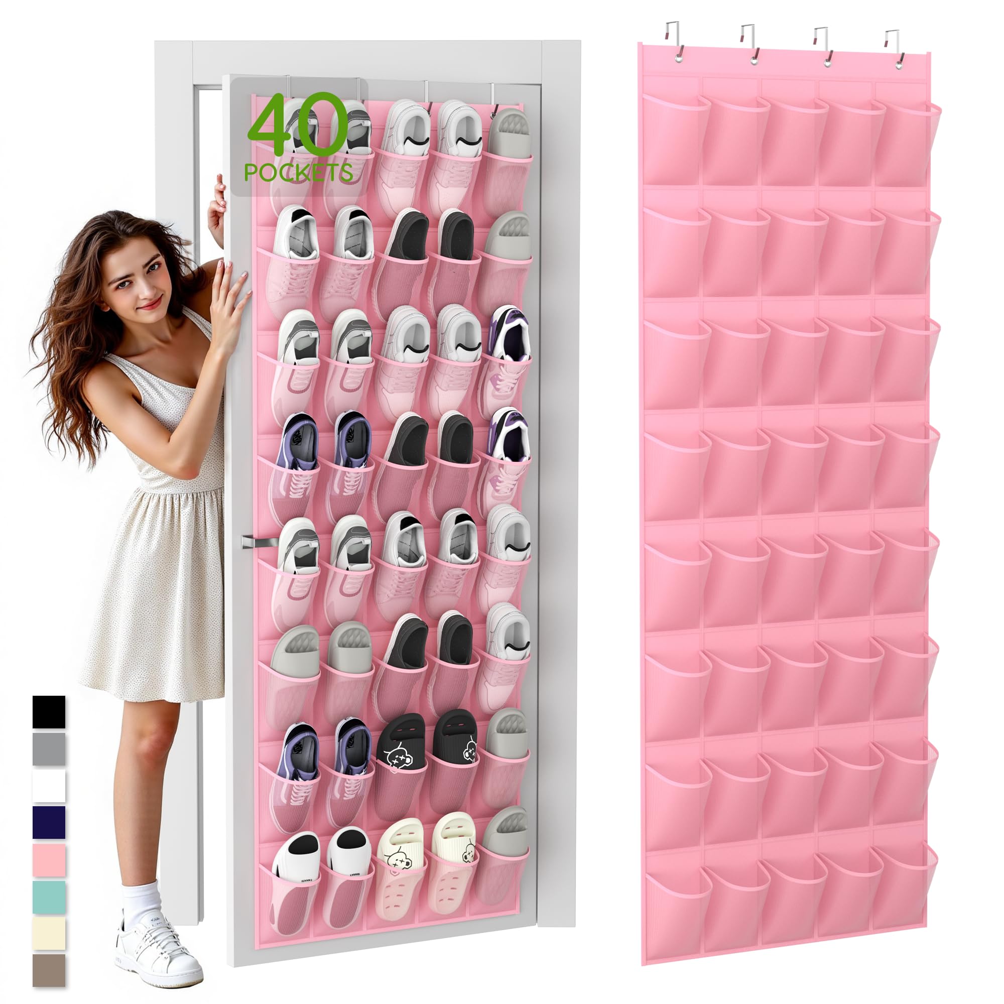 Unjumbly Over the Door Shoe Organizer with 40 Large Breathable Mesh Pockets, Space Saving Shoe Holder, Hanging Shoe Rack for Entryway Bedroom Closet Storage (Pink, 40 Pockets)