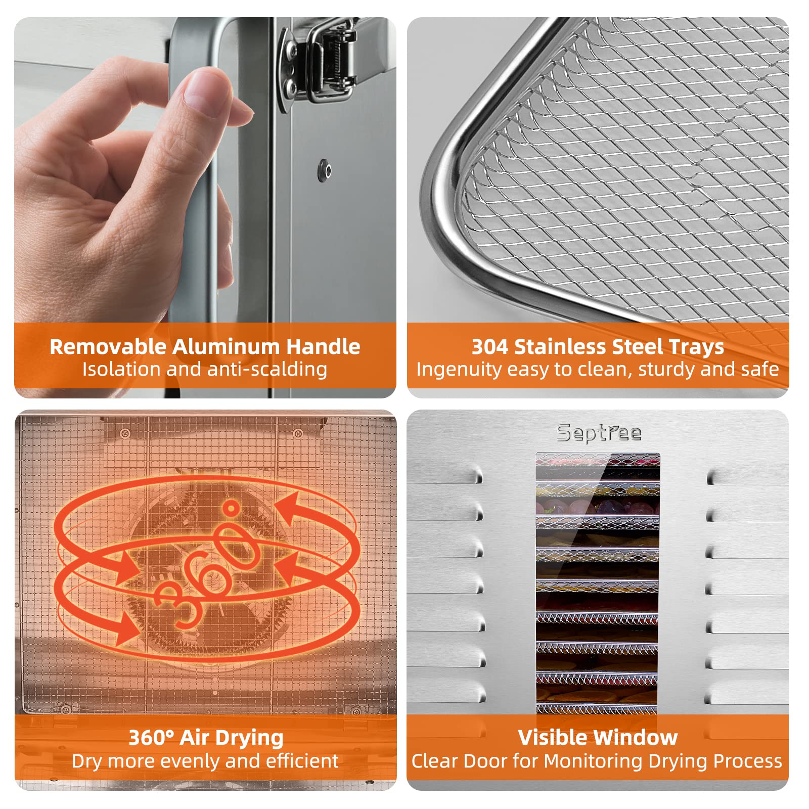 Septree Commercial 10 Trays food dehydrator machine for jerky and herbs, Usable Area up to 17ft² and 195℉ Temperature, 1000W Detachable Stainless Steel Dryer,for Meat, Fruit, mushrooms,beef,Pet Food