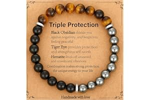 Gnamy Bracelet Gifts for Men, Triple Protection Black Obsidian Hematite Tiger Eye Beaded Natural Stone Bracelets Birthday Christmas Stocking Stuffers Anniversary Jewelry Gifts for Him Husband Boyfriend Dad Male
